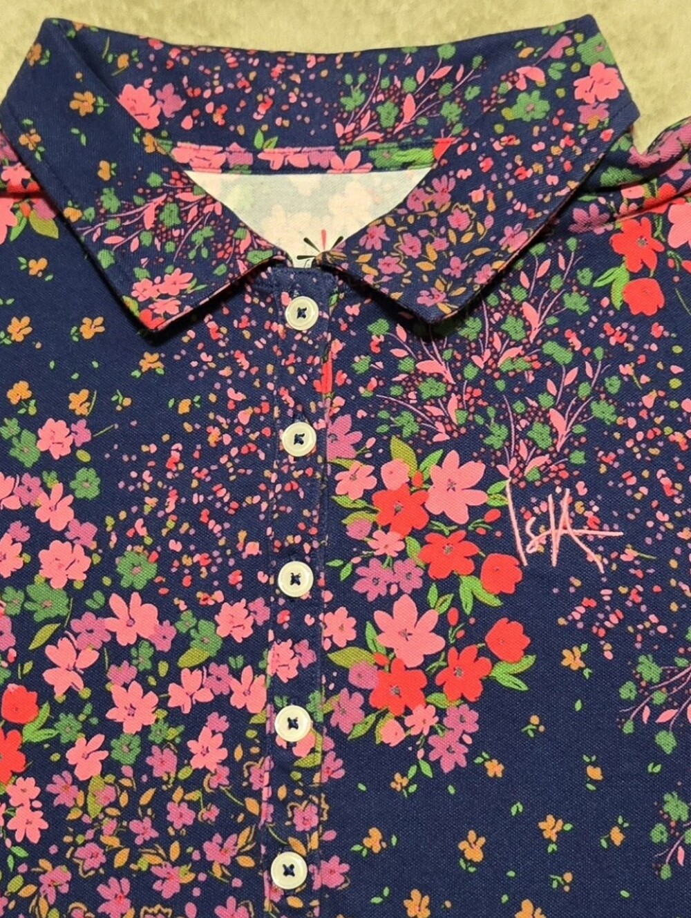Isaac Mizrahi Navy Floral Button Polo Shirt with Pink & Green Motif Womens Sz L